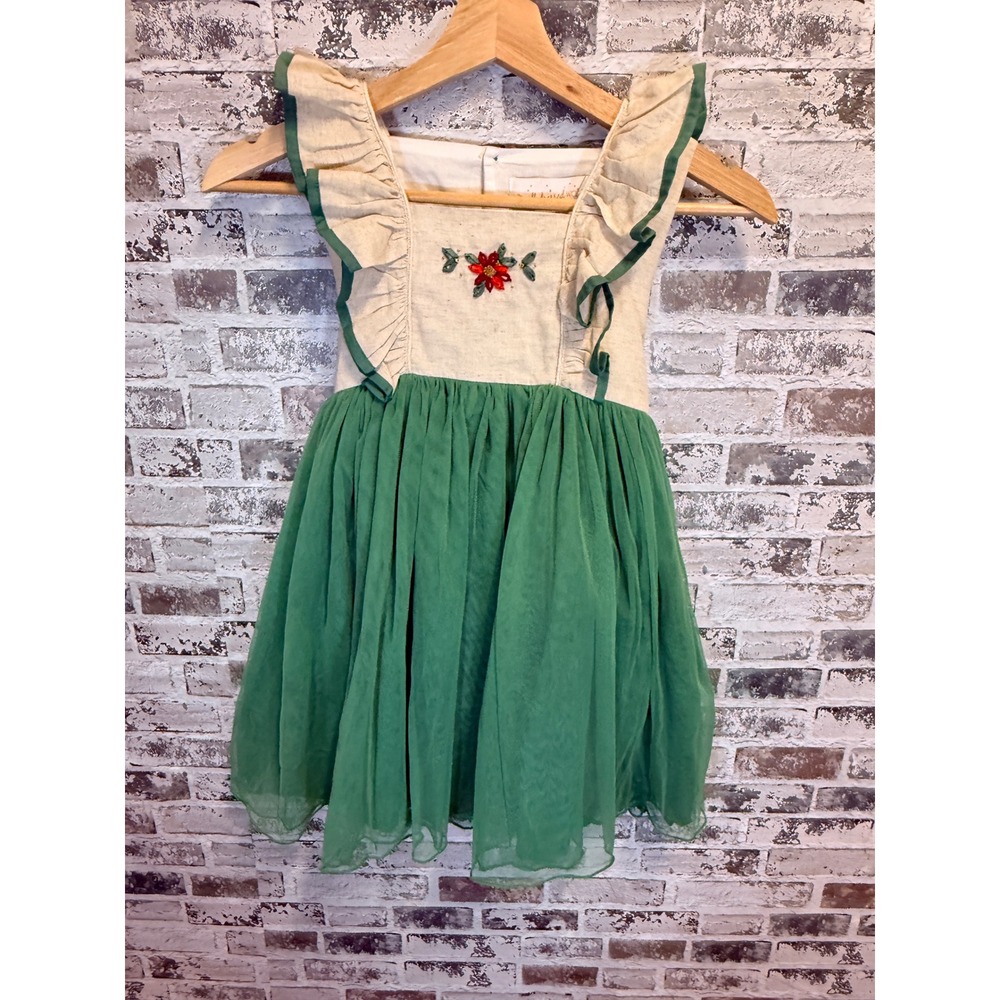 Well Dressed Wolf Tulle Dress Kids Size 7 Green Cream Poinsettia Holiday Ruffle